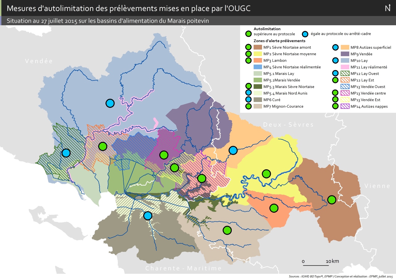 Mesures d'autolimitation des prélèvements mises en place par l'OUGC, situation au 27 juillet 2015 sur les bassins d'alimentation du Marais poitevin