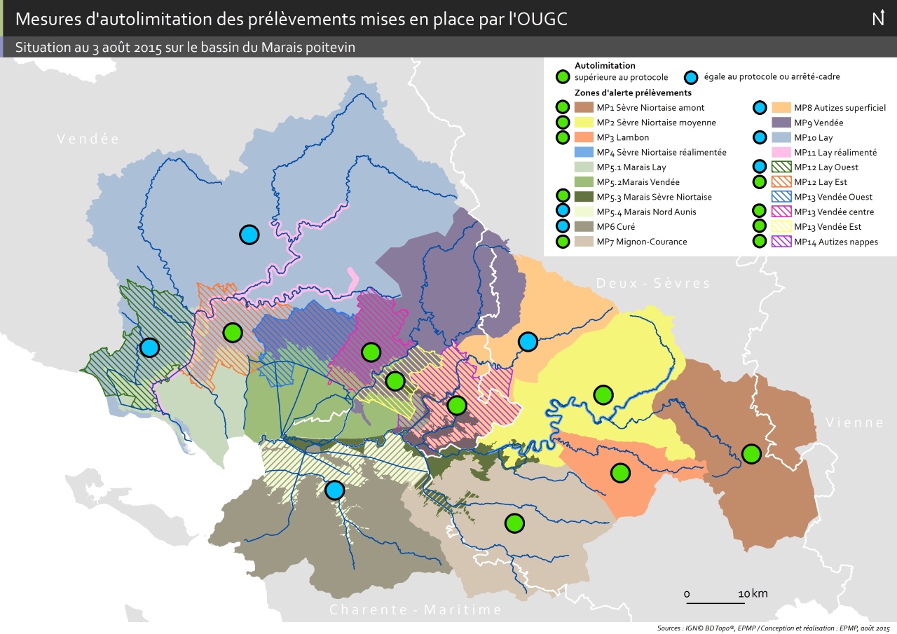 Mesures d'autolimitation des prélèvements mises en place par l'OUGC, situation au 27 juillet 2015 sur les bassins d'alimentation du Marais poitevin situation 3 août 2015